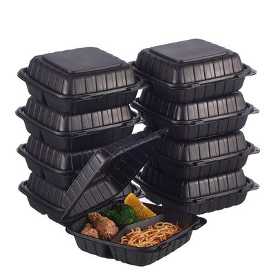 8X8" 3-Compartment 50-Pack Plastic Clamshell Takeout Food Trays Heavy Duty Togo Disposable Box For Pasta Salad