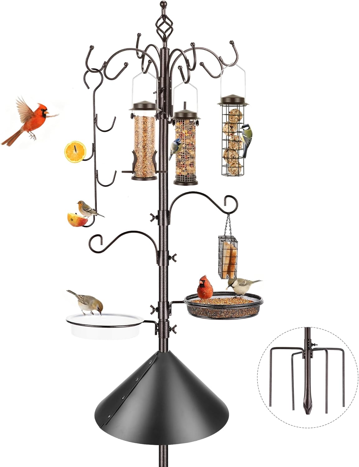 Bird Feeding Station Kit with Squirrel Baffle Bird Feeder Pole with Suet Cage Mesh Tray Fruit Hook Double W Hook for