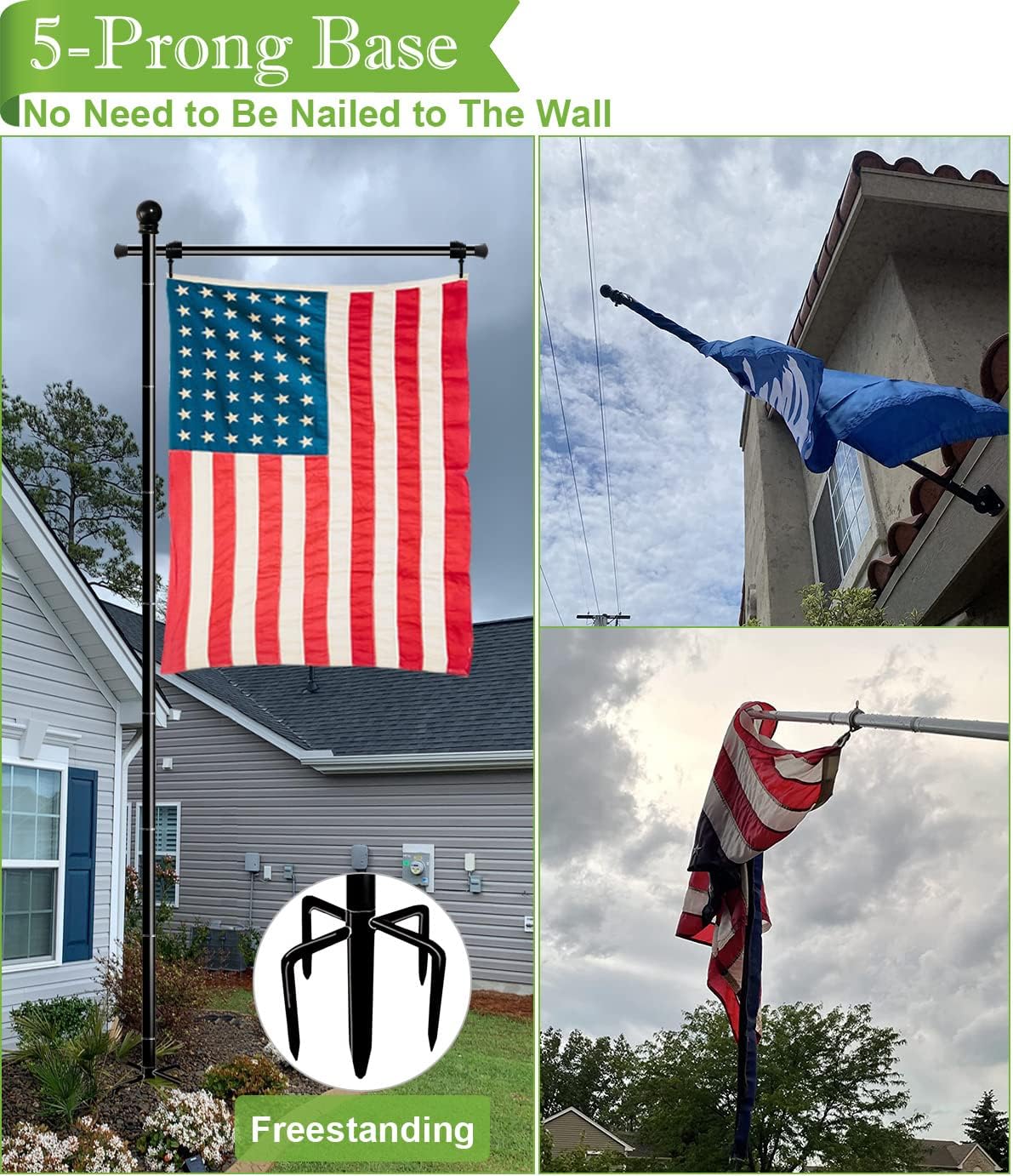 10 FT Garden Flag Pole for Outside House for 3x5 American Flags | Adjustable Flag Poles Stand In Ground with 5 Prong