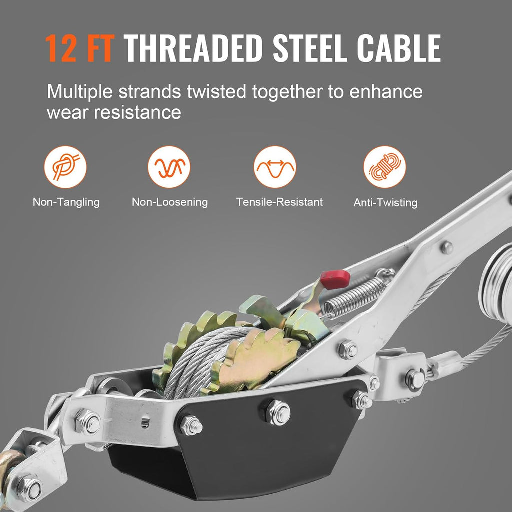 Come Along Winch, 2 Ton (4,409 lbs) Pulling Capacity, 12 ft Steel Cable, 2 Hooks, Heavy Duty Ratchet Power Puller