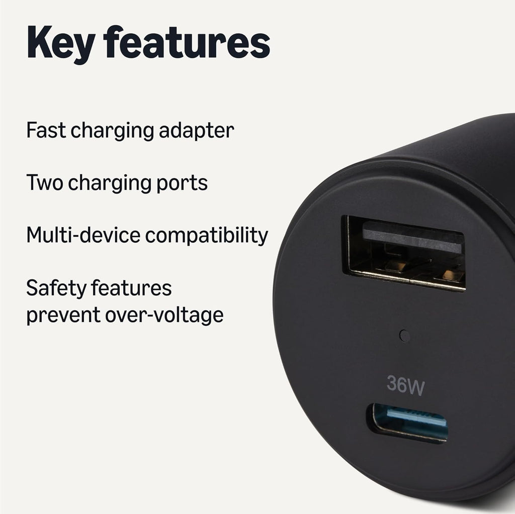 Fast-Charging Car Charger, Dual-Port, 1 USB-C + 1 USB-A, 48W, Black