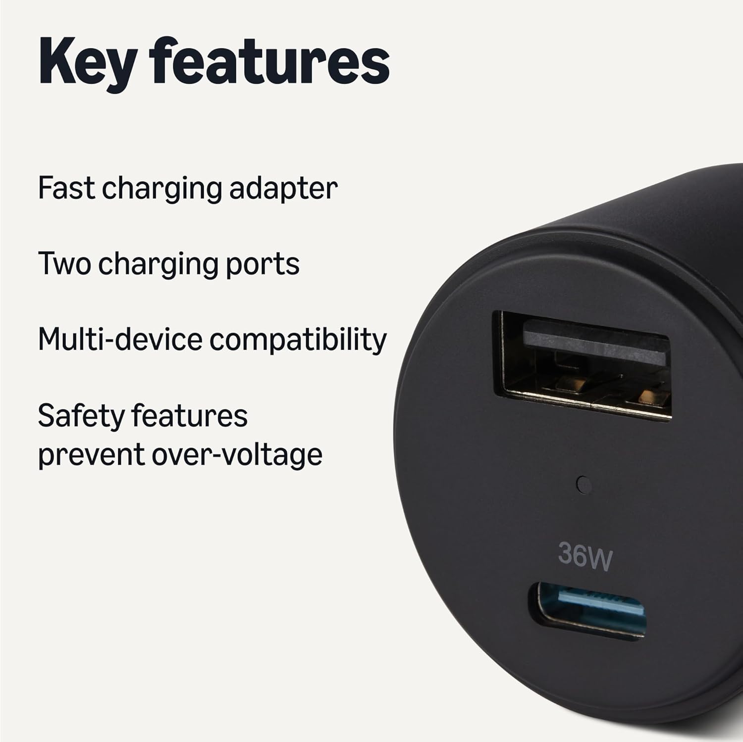 Fast-Charging Car Charger, Dual-Port, 1 USB-C + 1 USB-A, 48W, Black