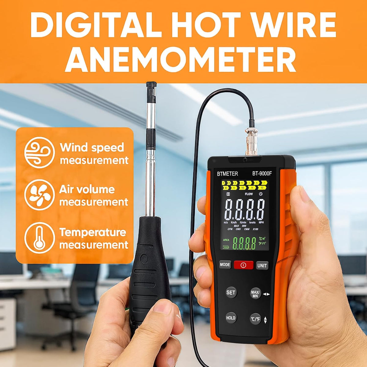 BTMETER BT-9000F Hot Wire Anemometer CFM Handheld Wind Speed Meter Gauges