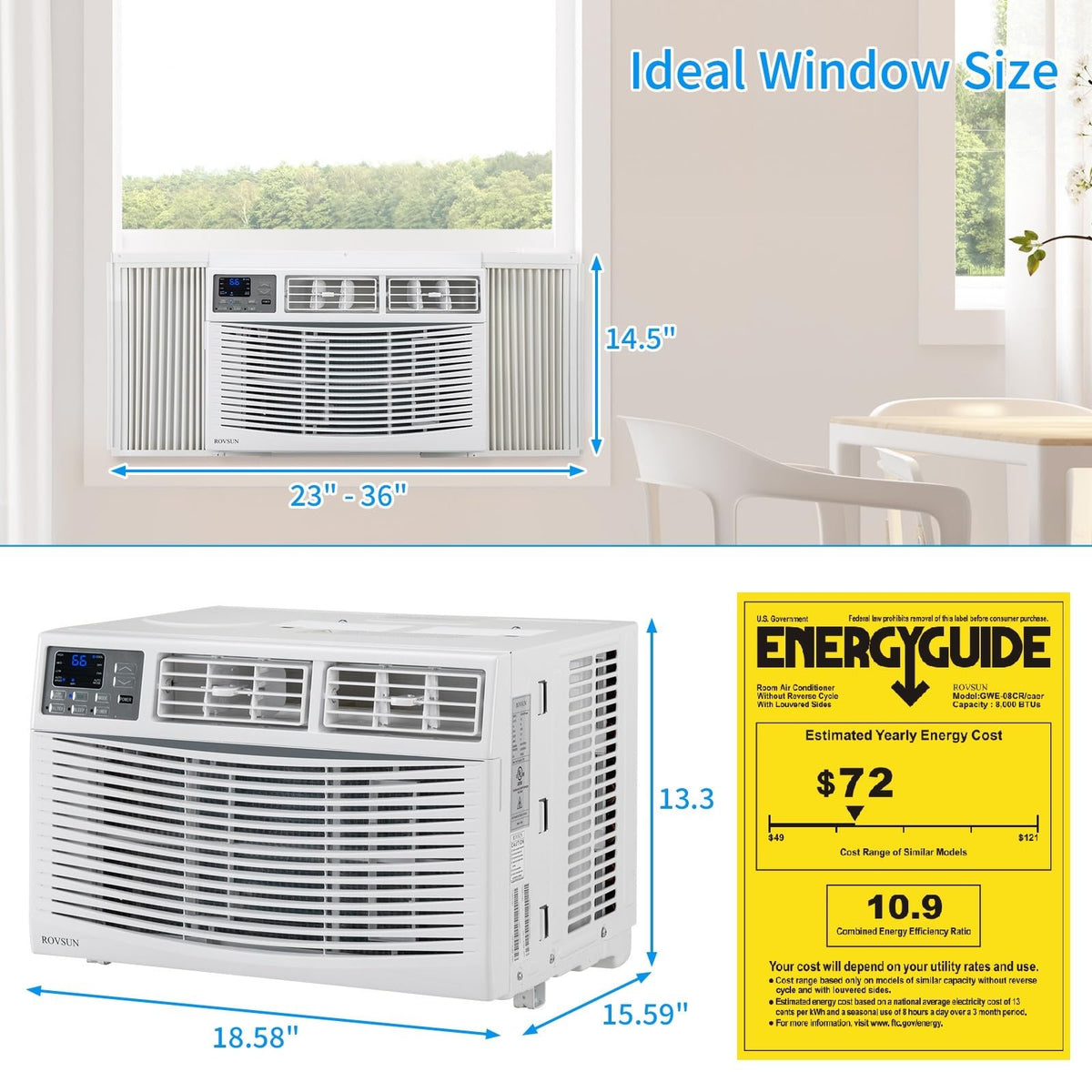 14000 BTU Air Conditioner Window Unit, 3-in-1 Window AC Unit Cooler, Dehumidifier & Fan with Timer, Remote Control &