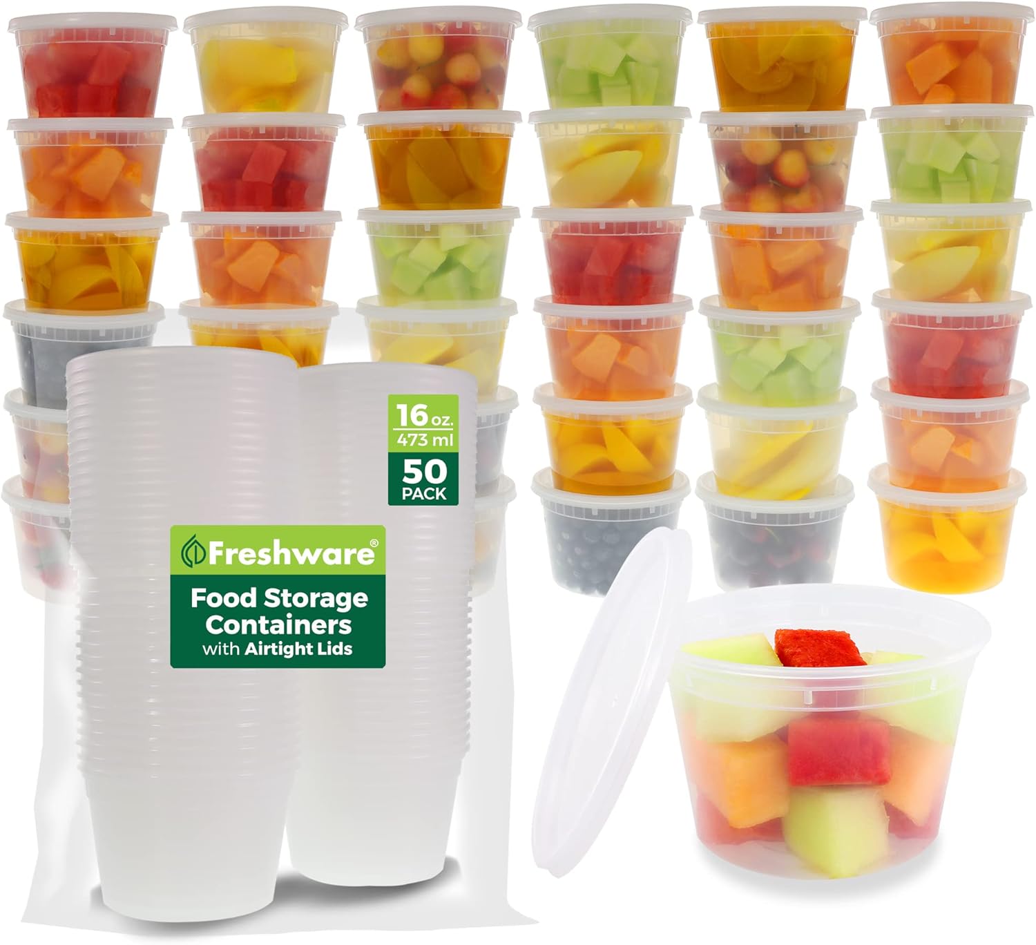 Food Storage Containers [50 Set] 16 oz Plastic Deli Containers with Lids, Slime, Soup, Meal Prep Containers | BPA
