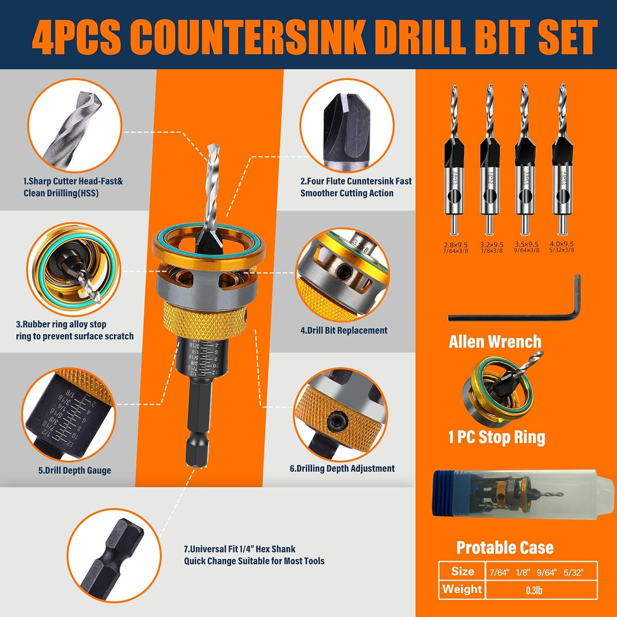 Countersink Drill Bit Set with Depth Stop 4PCS