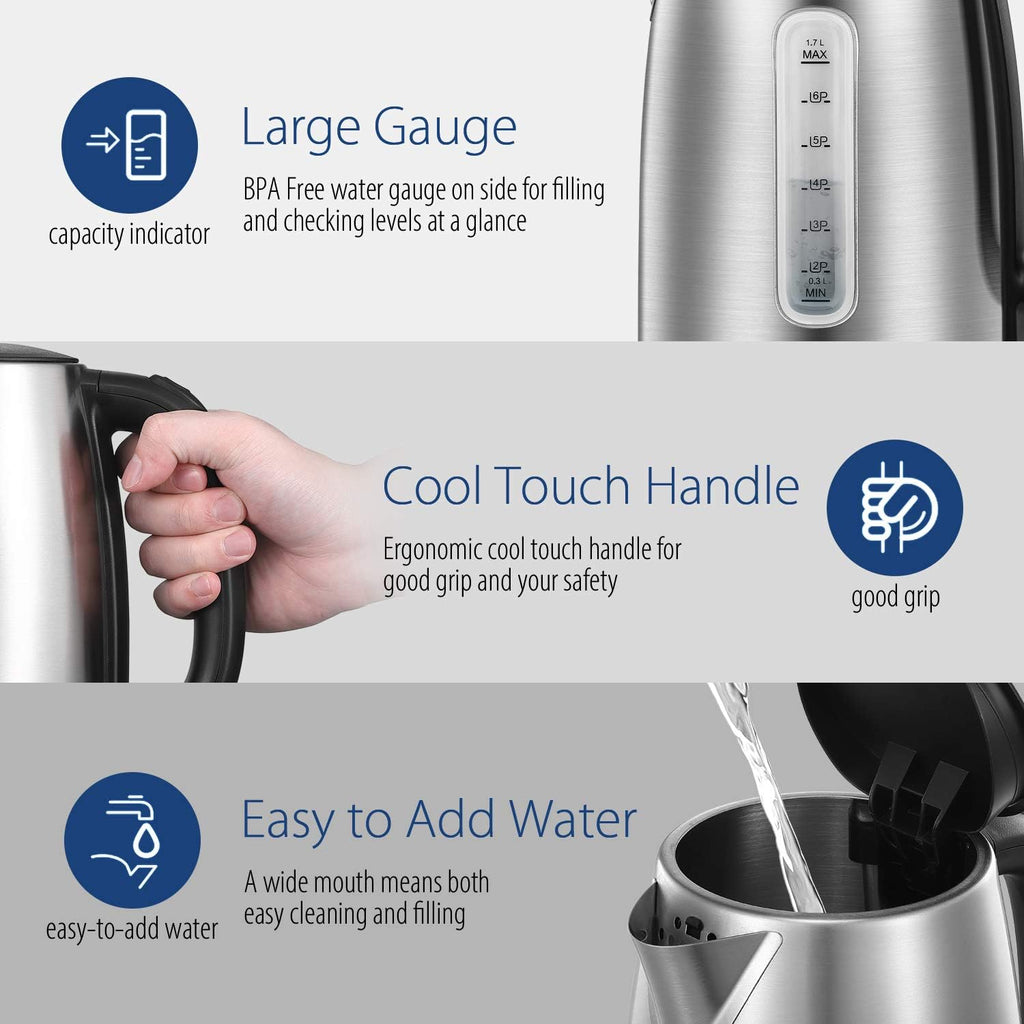 Stainless Steel Electric Kettle, 1.7 Liter Tea Kettle Electric & Hot Water Kettle, 1500W Fast Boil with LED Light