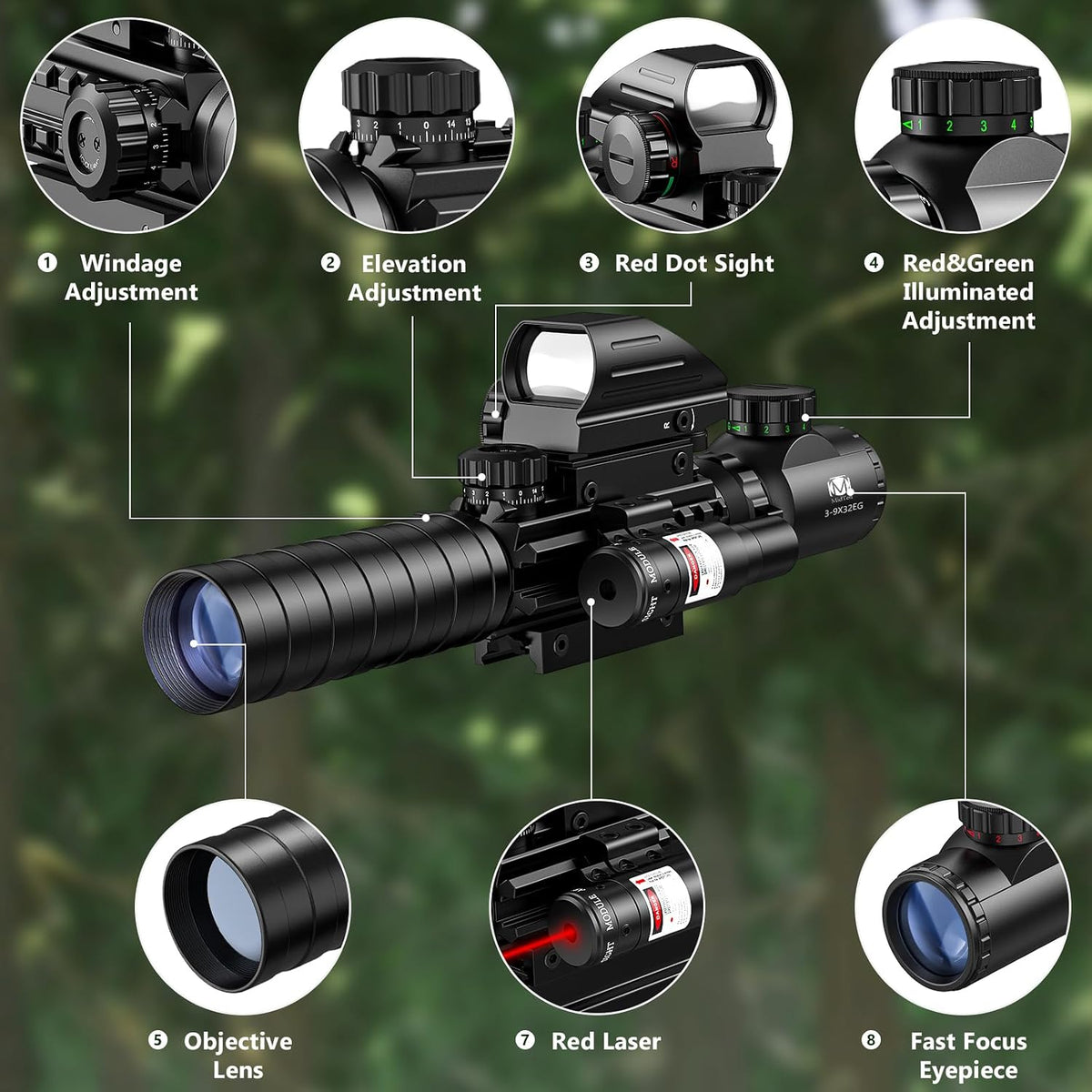 3-9x32 Scope Combo with Dual Illuminated Scope Optics & 4 Holographic Reticle Red/Green Dot Sight & IIIA/2MW Laser
