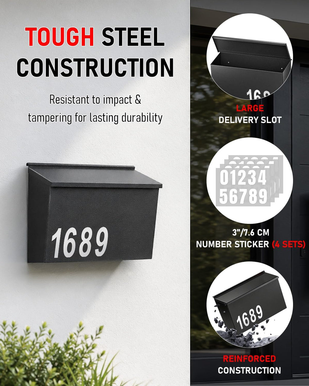 Mailboxes for Outside, Wall Mount Mailbox | Custom Number Stickers, Large Metal Mail Box for House, Modern Post Box
