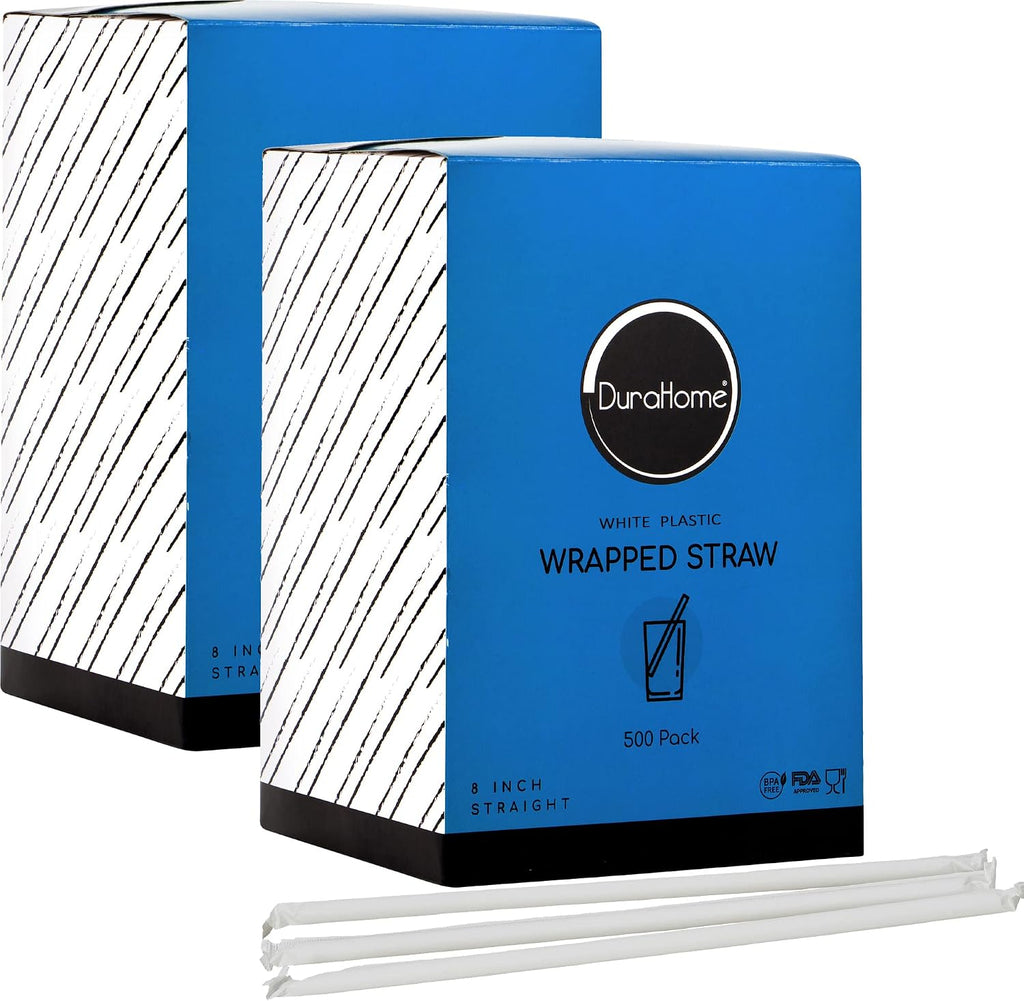 White Plastic Straws Individually Wrapped 1000 Pack - 8 inch Drinking Straw, BPA Free - Restaurant Style Disposable