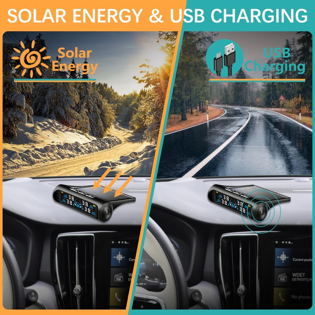 Tire Pressure Monitoring System - TPMS Tire Pressure Monitor System with Solar Charger, TPMS with 4 External sensors