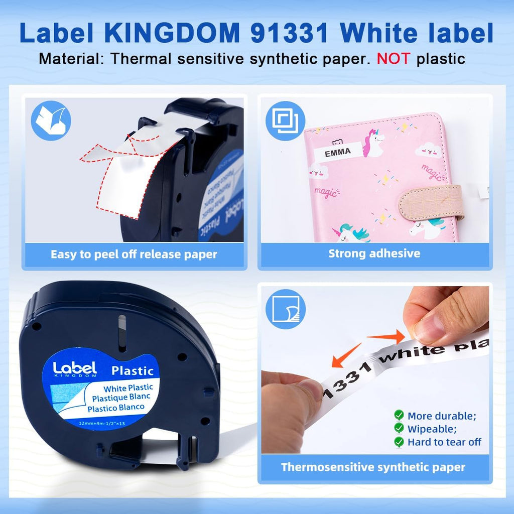 Compatible with Dymo LetraTag Label Maker Refills 91331 Plastic White Tape | 12mm x 4m (1/2" x 13'), Work with