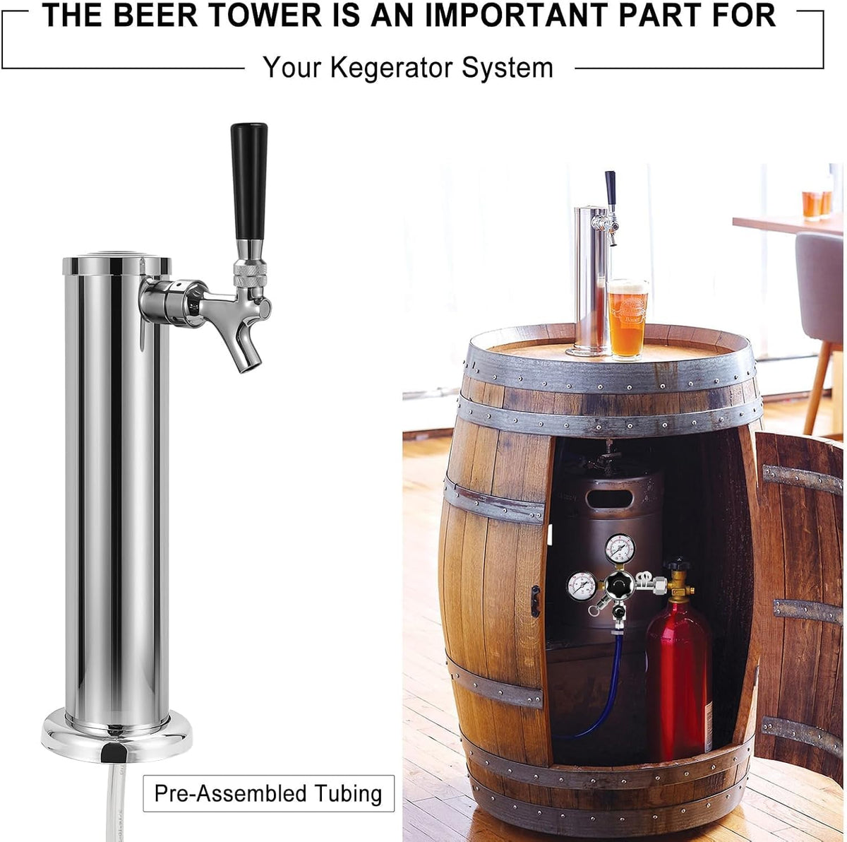 Kegerator Tower Single Tap Beer Tower with Self-Closing Beer Faucet