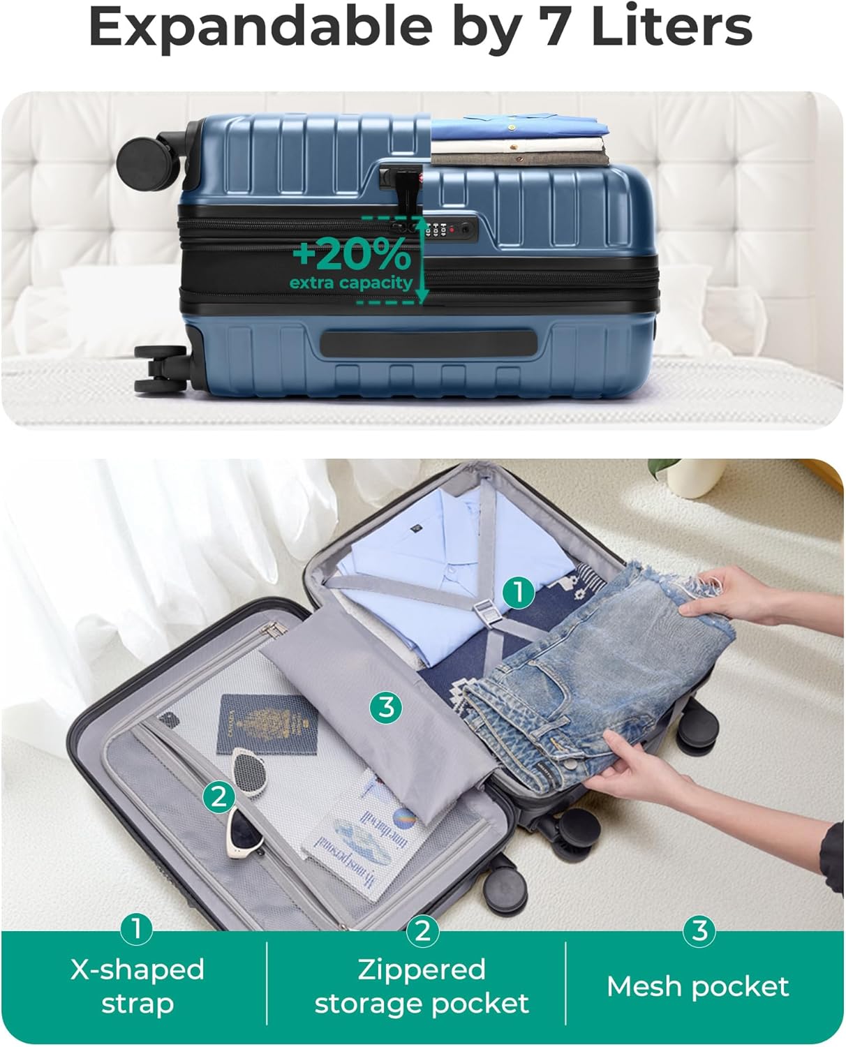Carry on Luggage 22x14x9 Airline Approved with Spinner Wheels, Lightweight 20 Inch Suitcase with TSA Lock, Expandable