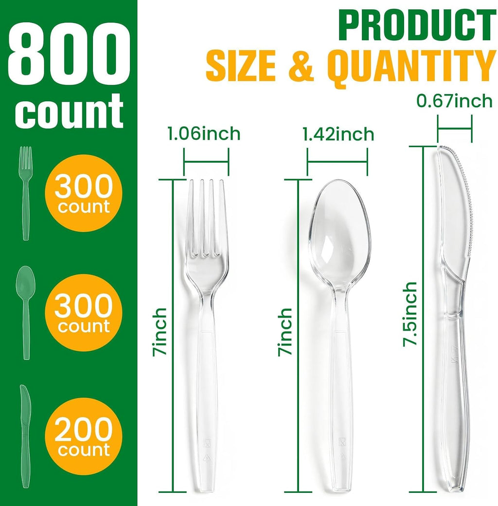 800 Count Plastic Silverware Heavy Duty, 300 Forks, 300 Spoons, 200 Knives