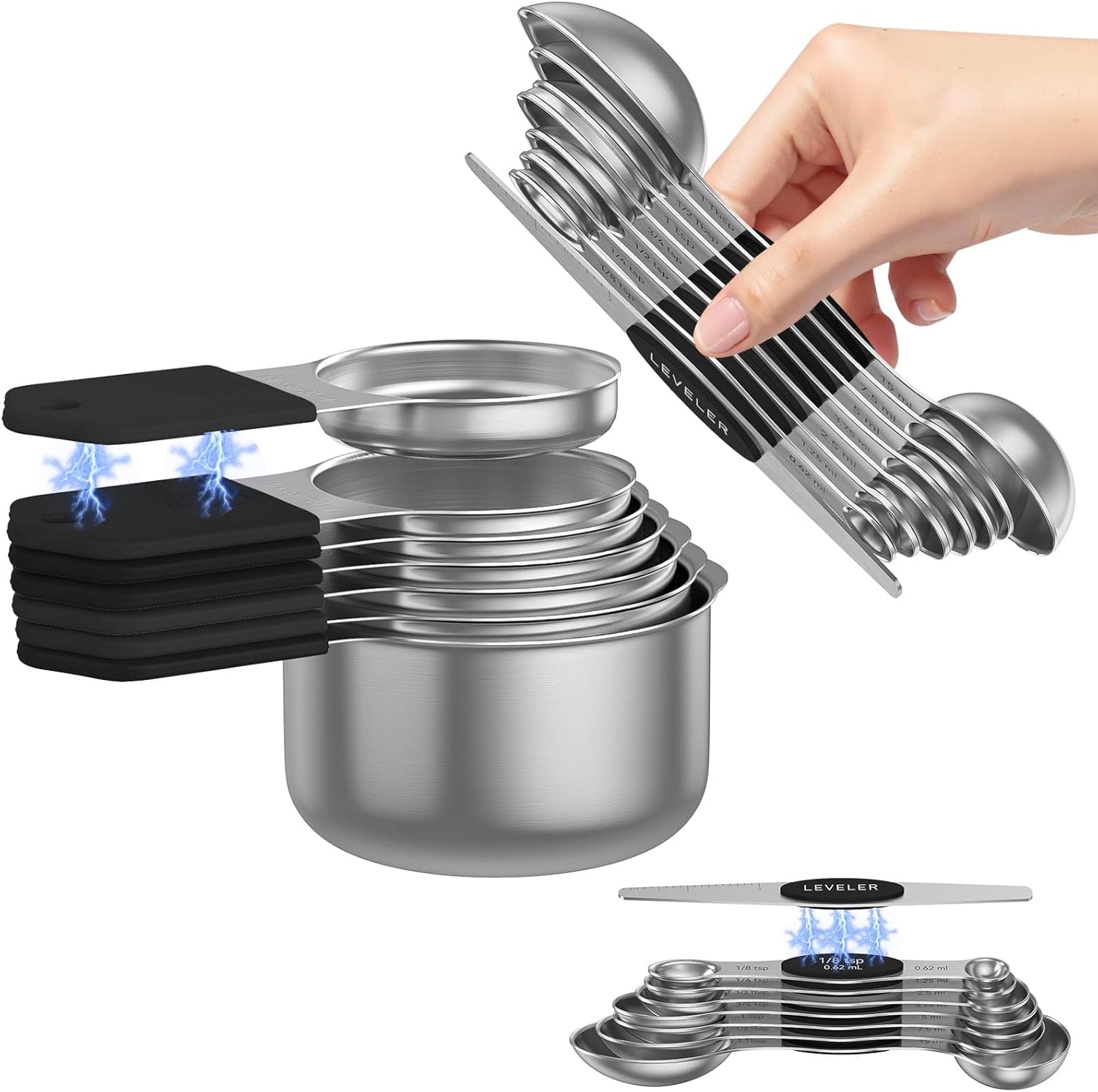 Magnetic Measuring Cups and Spoons Set – 304 Stainless Steel | Dual-sided Design | 15-Piece with Leveler | N52