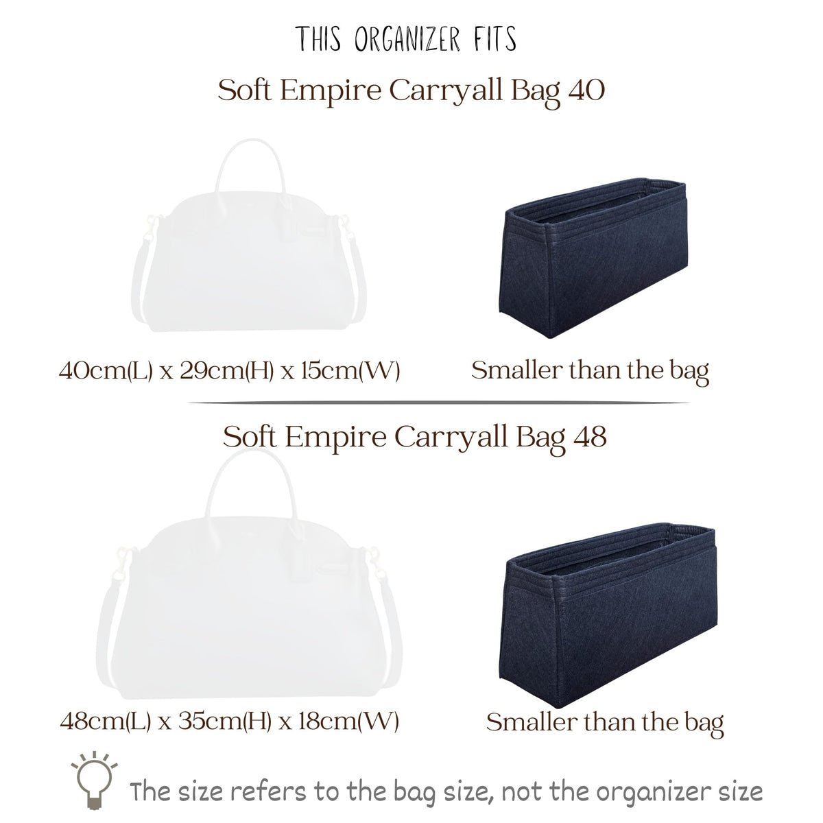 Organizer for Coa.h Soft Empire Carryall (Size 40, Ivory), Felt Bag Insert for 28/40/48 with Keychain Hook