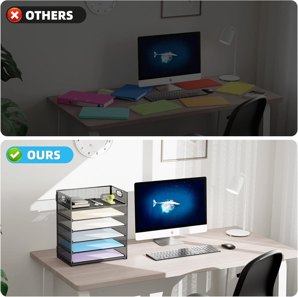 6 Tier Paper Organizer Letter Tray - Mesh Desk File Organizer with Handle, Paper Sorter Organizer for Letter/A4