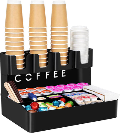 2-tier Coffee Station Organizer, 11 Compartments, Black, Plastic