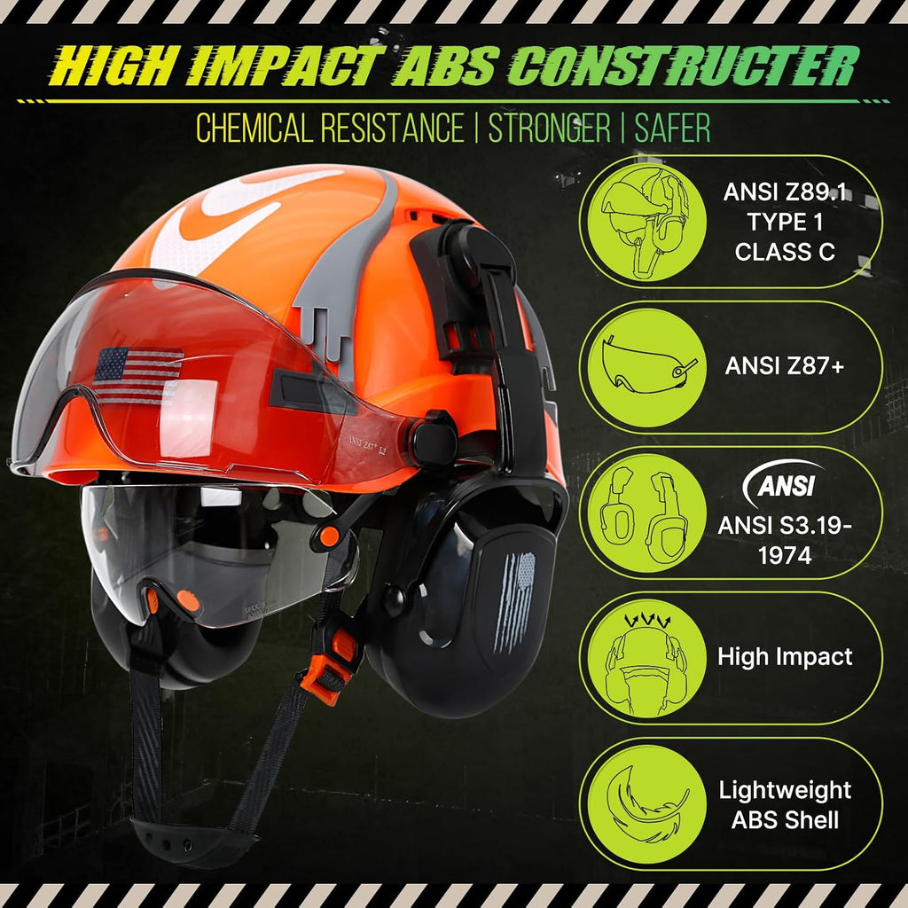 Hard Hat with Dual Visor and Hearing Protection-OSHA Approved Construction Hard Hats with Visor Sunglasses Earmuffs