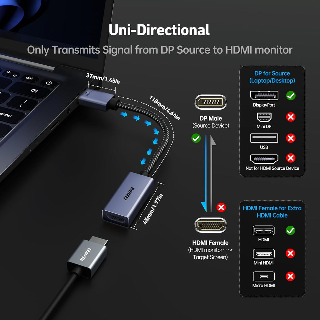 4K DisplayPort to HDMI Adapter Cable, (2K 60Hz, 1080p 120Hz) Uni-Directional Display Port to HDMI Monitor Converter
