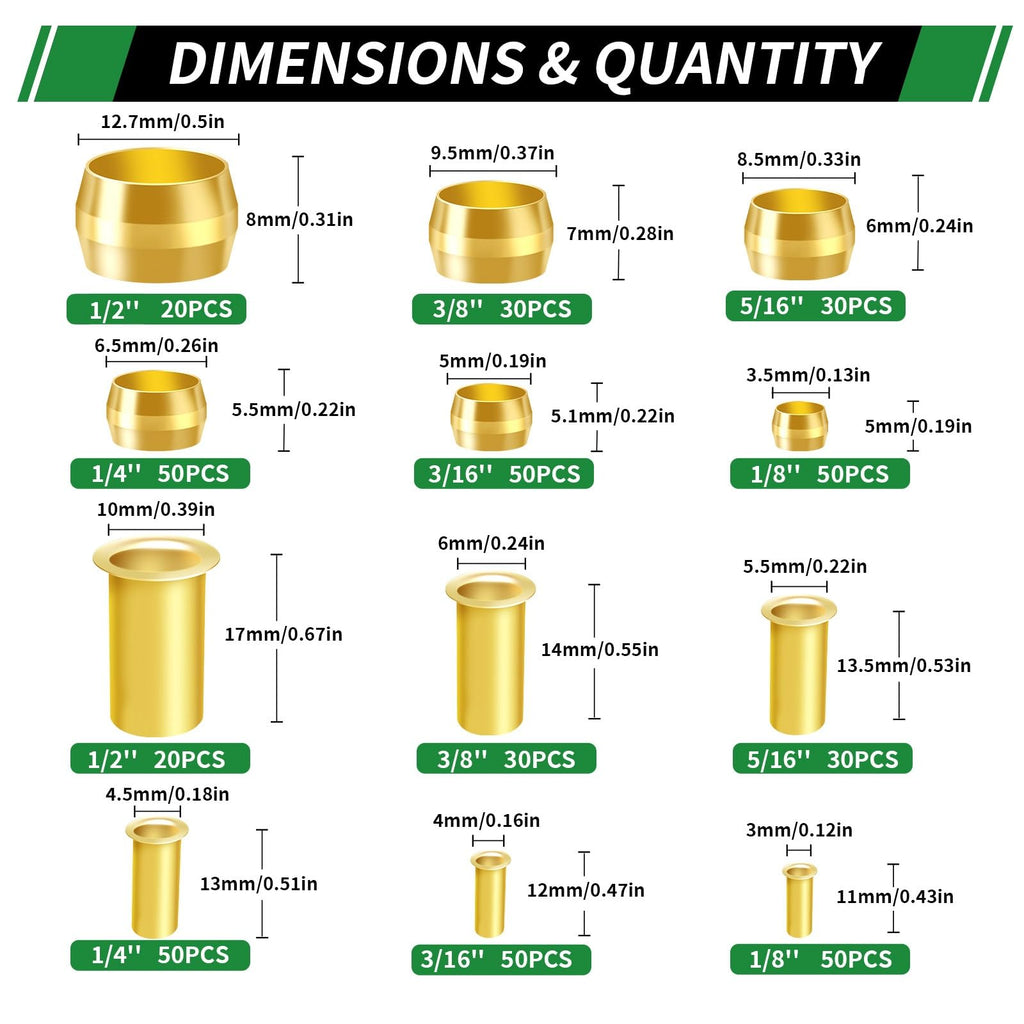 Japtend 460pcs Brass Compression Sleeves Ferrules Inserts Fittings Kit