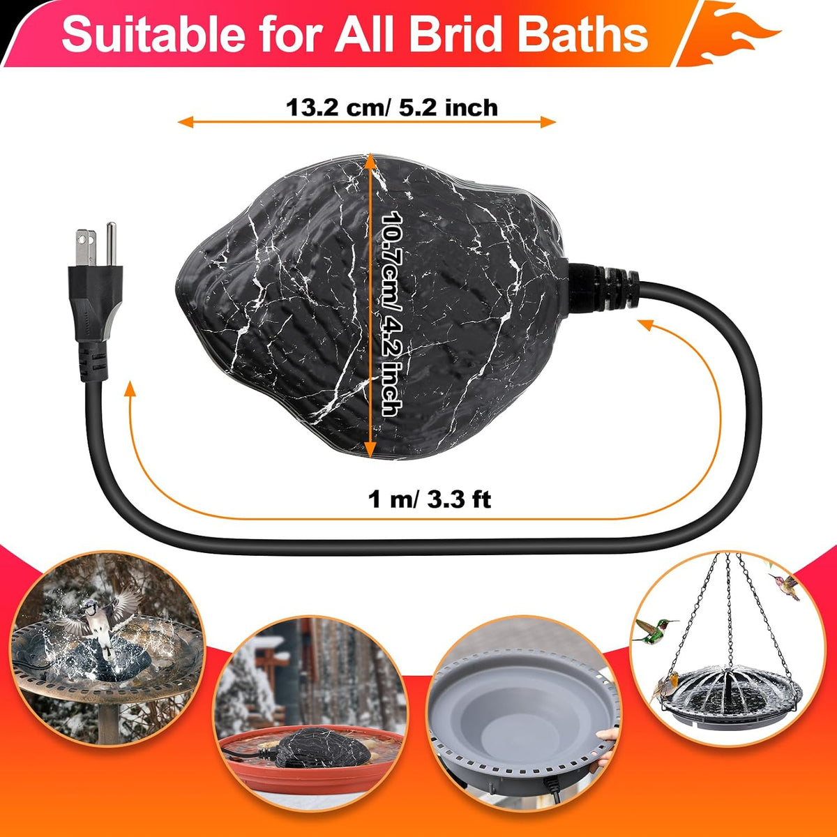 Bird Bath Deicer Heated Rock, 80W, Aluminum Base, 1 Pack, Black