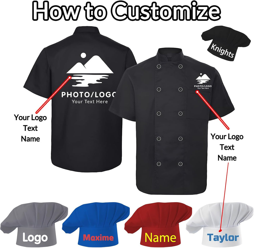 Chef Coat Personalized Chef Jacket Men Women Custom Name Logo Text Work Shirt with Pockets Chef's Hat Uniform