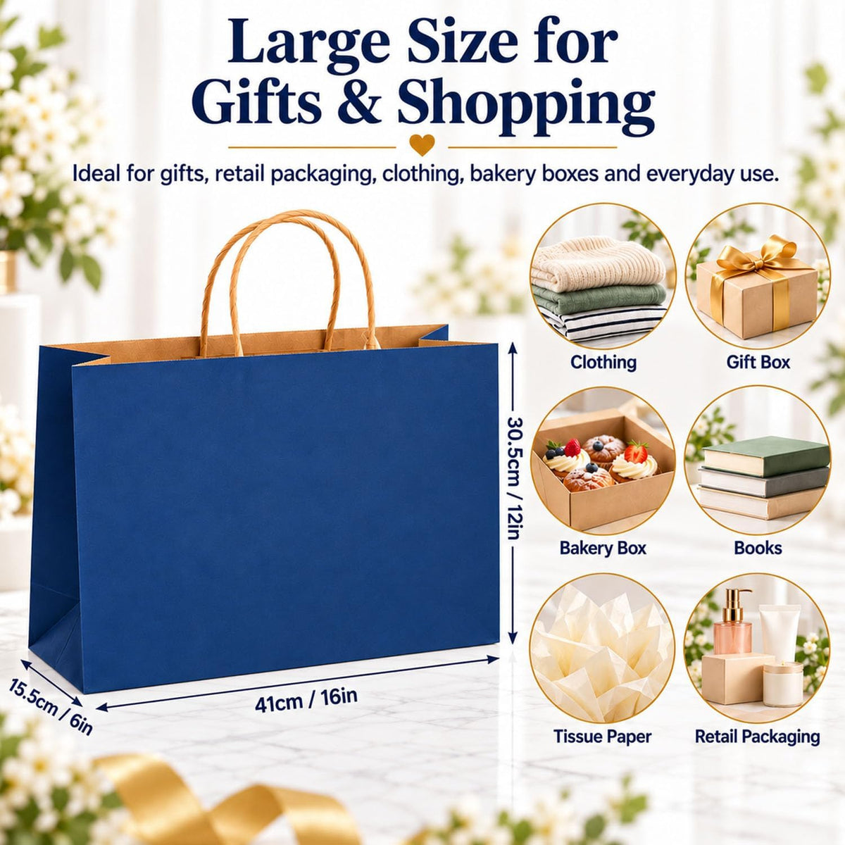 Large Kraft Paper Bags with Handle Bulk for Shopping,70pcs,Navy Blue