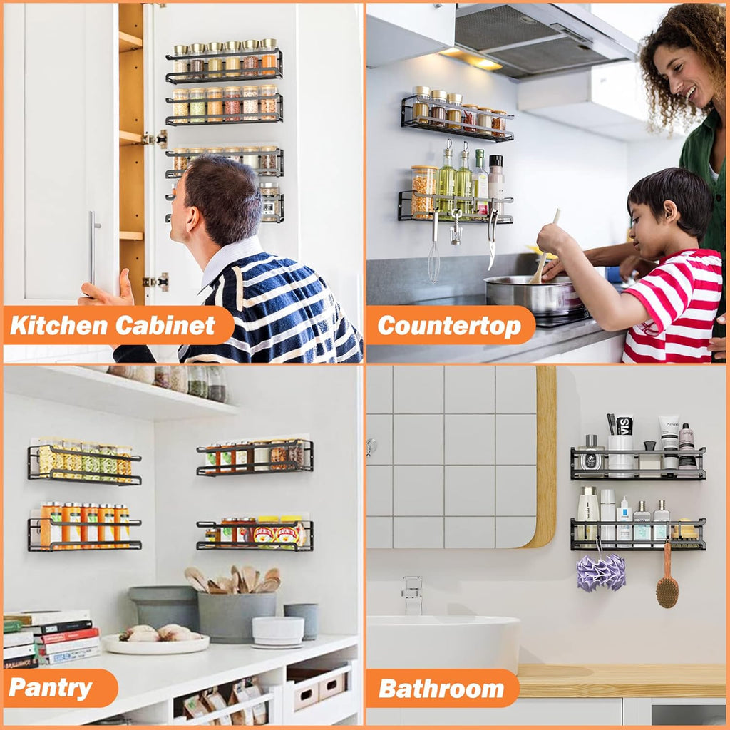 Spice Rack Wall Mounted 4 Pack, Black,For Spice Jars & Seasonings | 4 Removalble Hooks,Screw or Adhesive Hanging