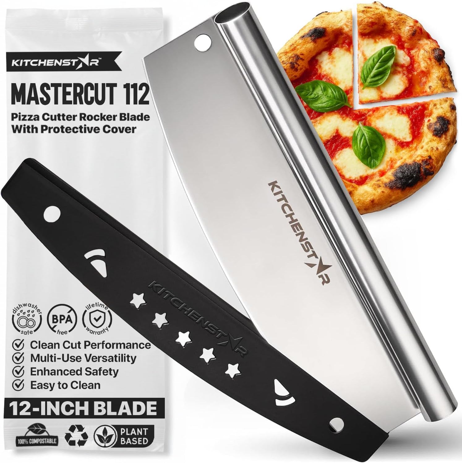 12-Inch Pizza Cutter Rocker Blade, 304 Stainless Steel Slicer Knife, Silver