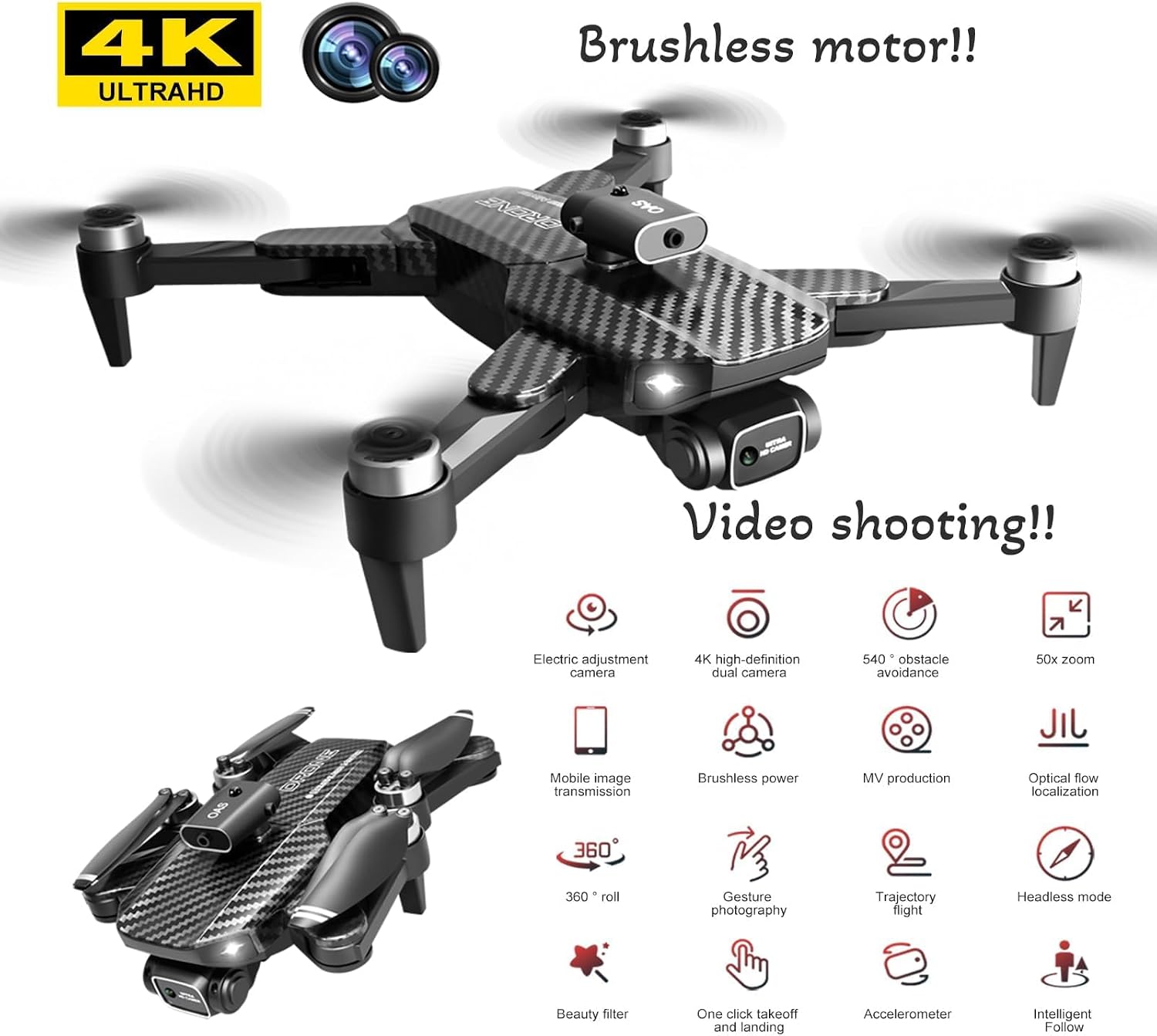 4K UHD GPS Drone (Equipped with dual cameras), Foldable Drone, small-scale Drone Control Quadcopter With Height
