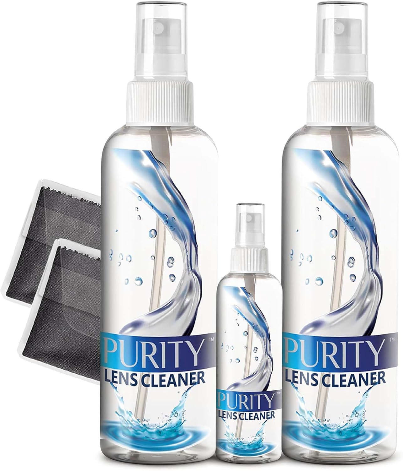 Purity Eyeglass Lens Cleaner Kit - 2 x 8oz and 1 x 2oz Lens Cleaner Spray Bottle + 2 Microfiber Cleaning Cloths