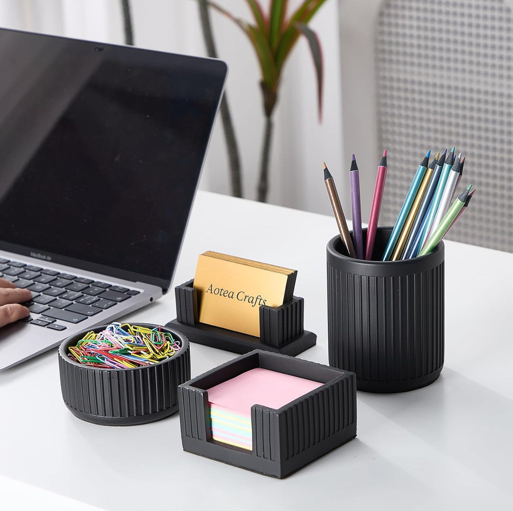 Set of 4 - Concrete Desk Accessories For Modern, Industrial, Minimalist Office Decor- Aesthetic Desk Organizers