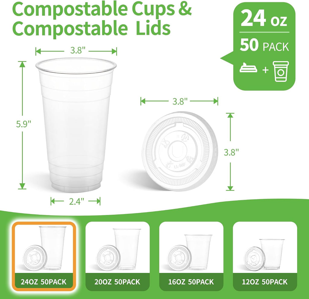 24 OZ Compostable Clear Plastic Disposable Iced Coffee Cups with Flat Lids, Biodegradable Cold Drinking Cups To Go