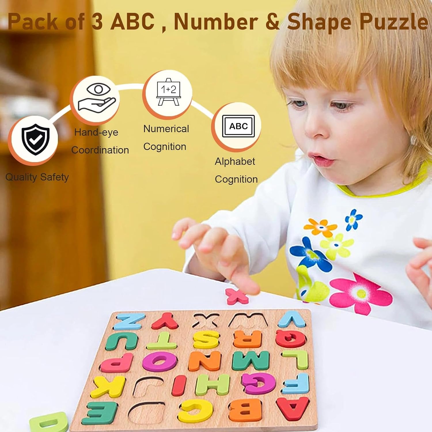 Wooden Puzzles for Toddlers 3-5, Boys & Girls, Montessori Toddler | 3 in 1 Wooden Puzzle, Alphanumeric Graphics