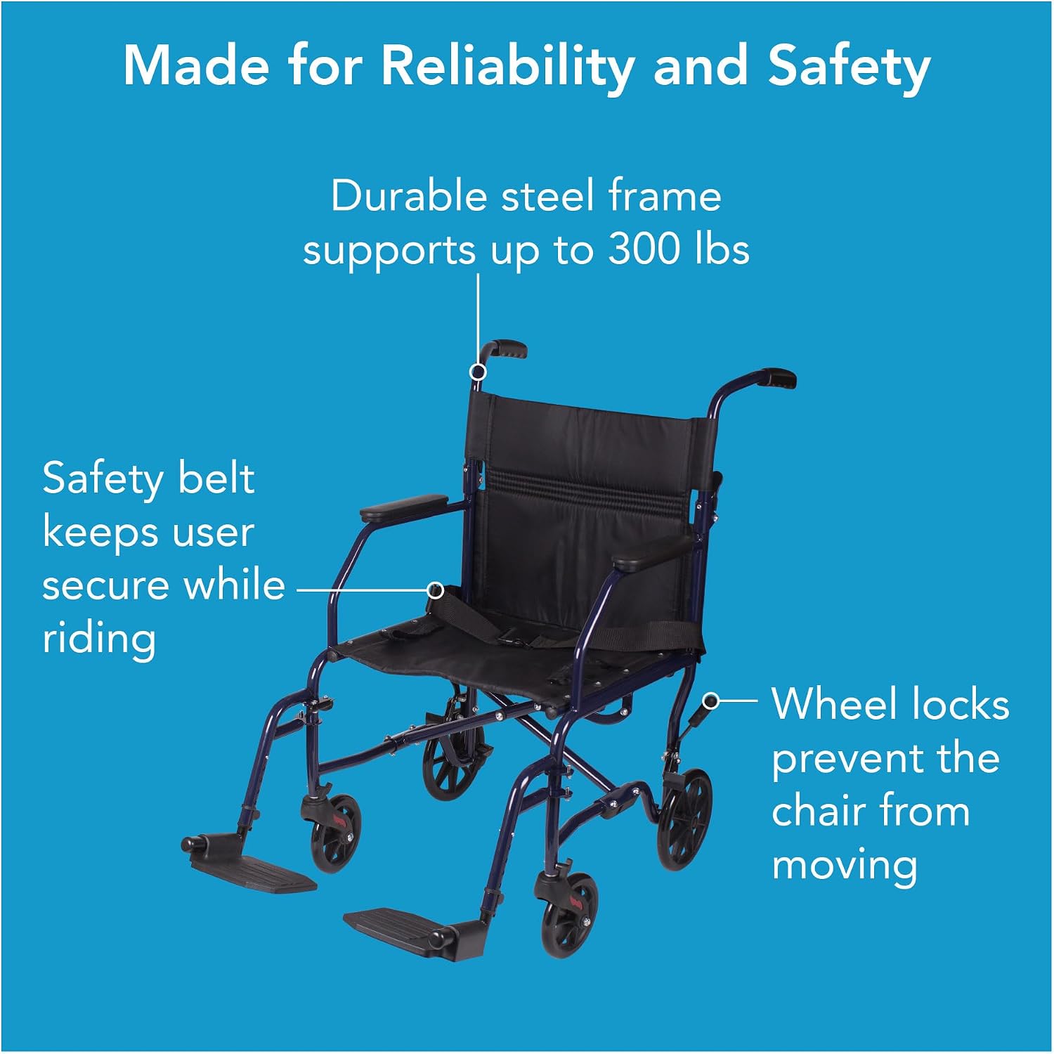 Transport Wheelchair With 19 inch Seat, Folding Transport Chair with Foot Rests, Foldable Lightweight Wheelchair