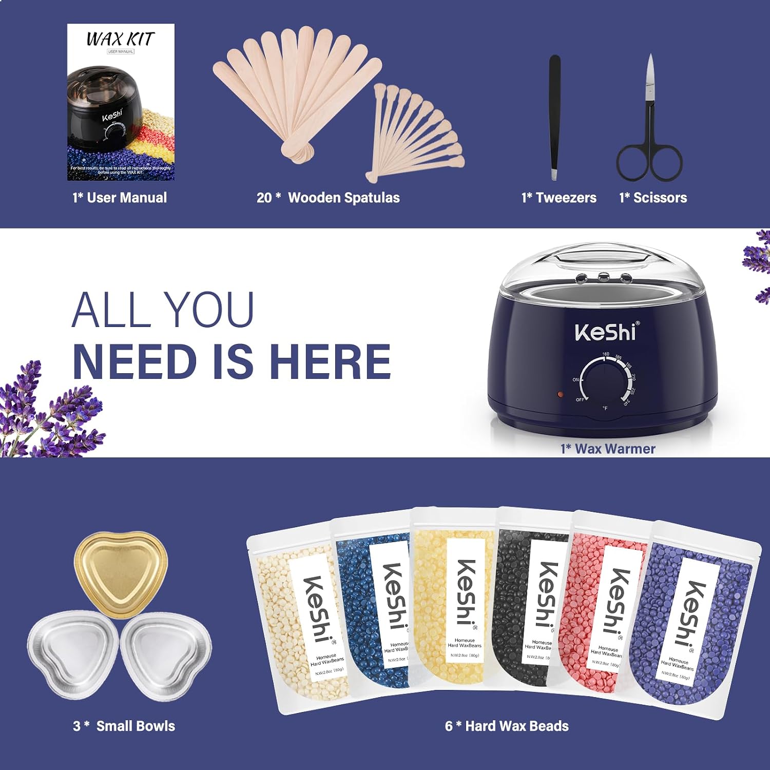 Waxing Kit for Women Men, Wax Pot Warmer Hair Removal Kit | 6 Hard Wax Beans, Full Body, Legs, Face, Eyebrows