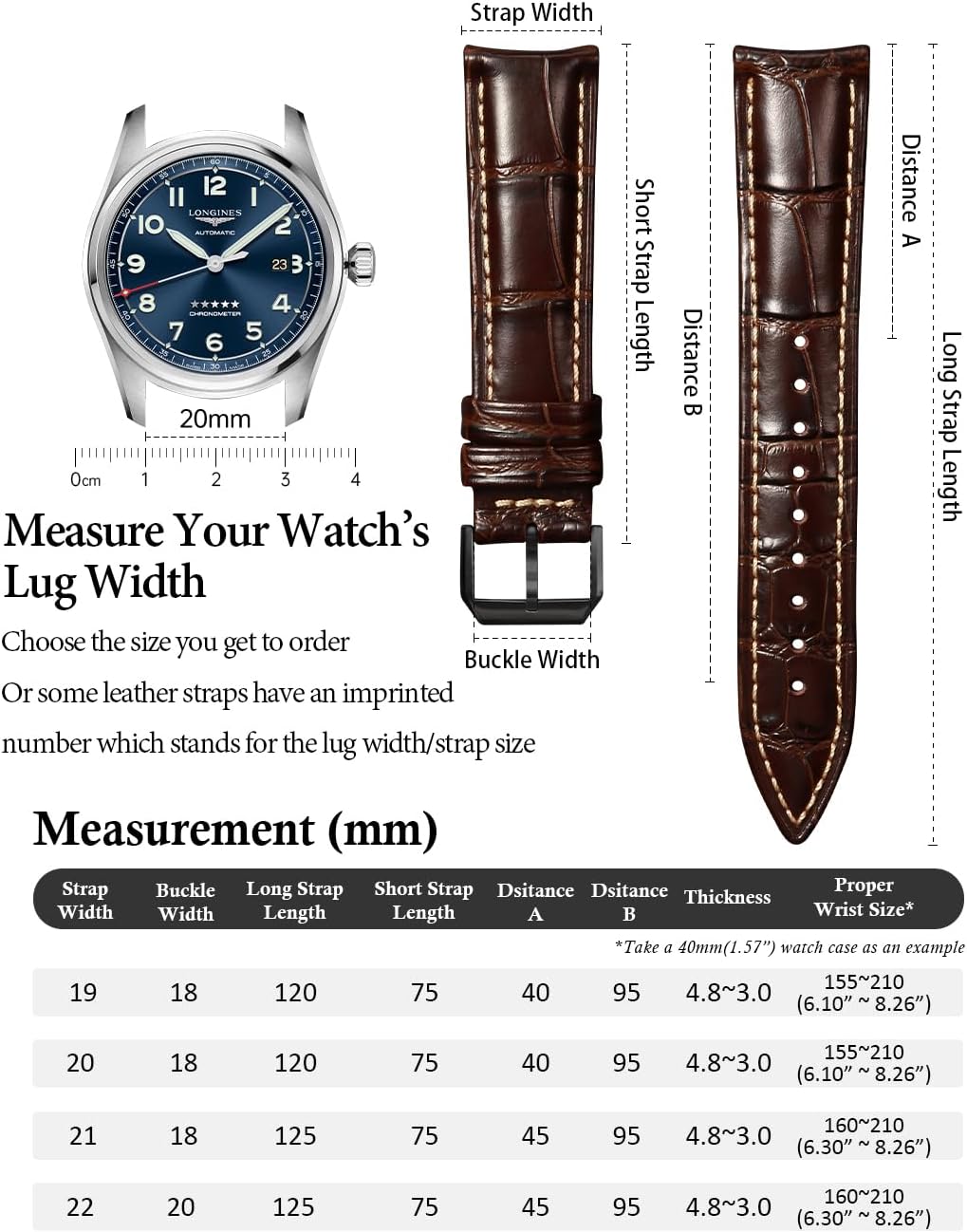 Leather Watch Band for Men, Quick-Release Alligator Grain Embossed | REZERO Watch Bands Replacement | Luxury Style |