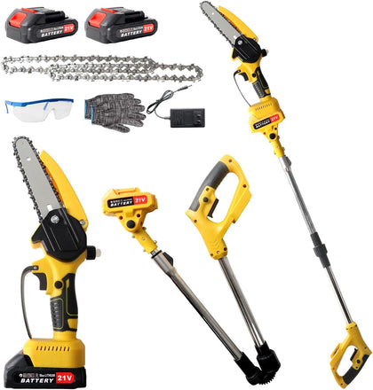 Cordless Pole Saw Electric Tree Trimmer, 2-in-1 Polesaw & Mini Chainsaw with Extension, Includes 2x21V Batteries &