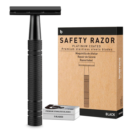 Matte Black Safety Razors for Men and Women, Reusable Single Blade Razor | with 10 Platinum Coated Double Edge Blades