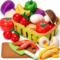 Cutting Play Food Toys, 25 Pieces Pretend Play Kitchen Accessories, Fake Fruits/Vegetables Set with Shopping Storage