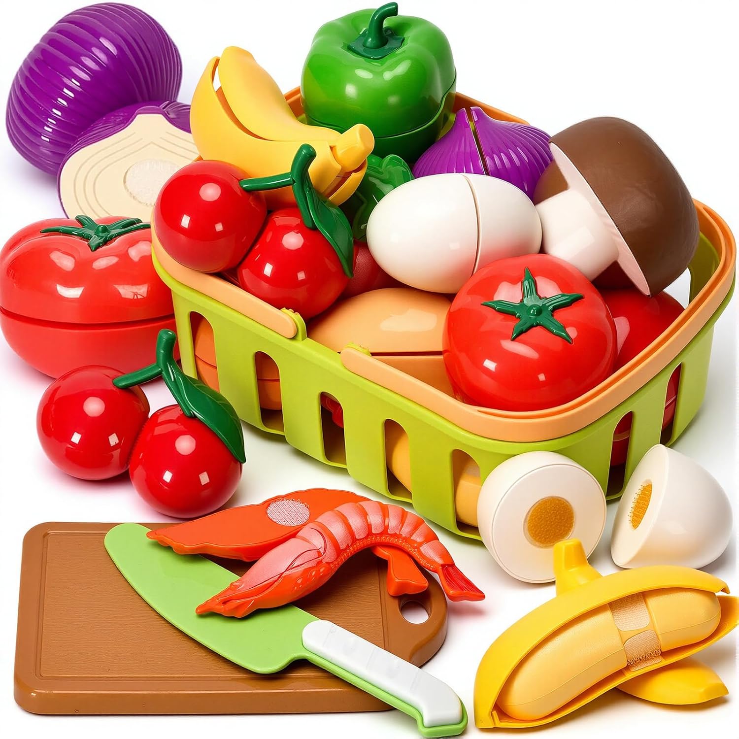Cutting Play Food Toys, 25 Pieces Pretend Play Kitchen Accessories, Fake Fruits/Vegetables Set with Shopping Storage