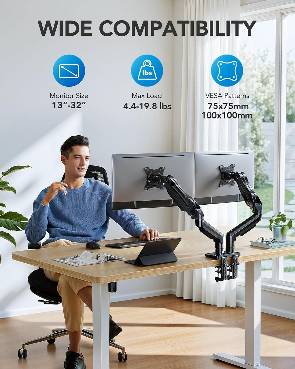 FlowLift Dual Monitor Stand, Fully Adjustable Gaming Monitor Desk Mount for 13–32″ Computer Screens, Full Motion VESA