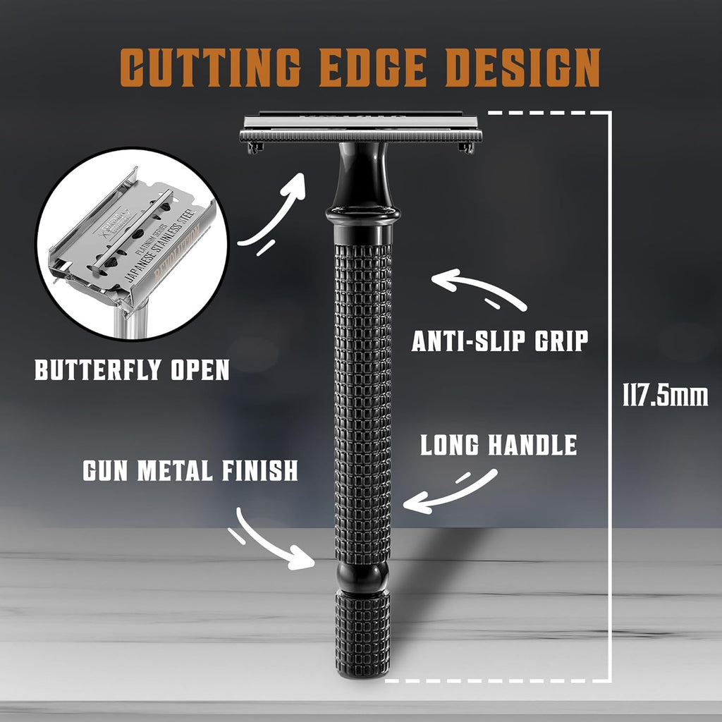Long Handle Double Edge Safety Razor - 12 Piece Set | Butterfly Open Design - Includes 10 Stainless Steel Blades