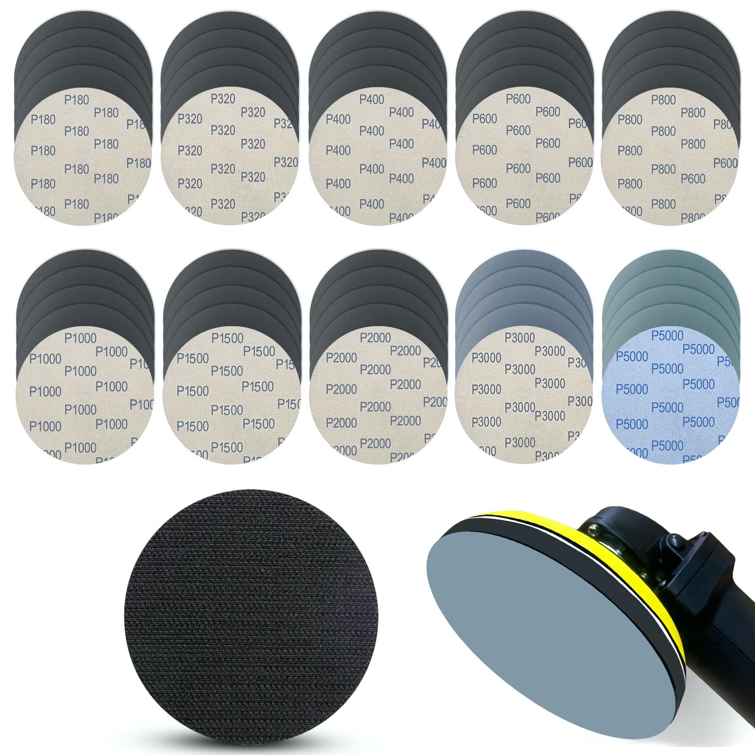 5 Inch 51pcs Wet Dry Sanding Discs Hook and Loop Foam Backing Pad, Waterproof Sandpaper Silicon Carbide for Random