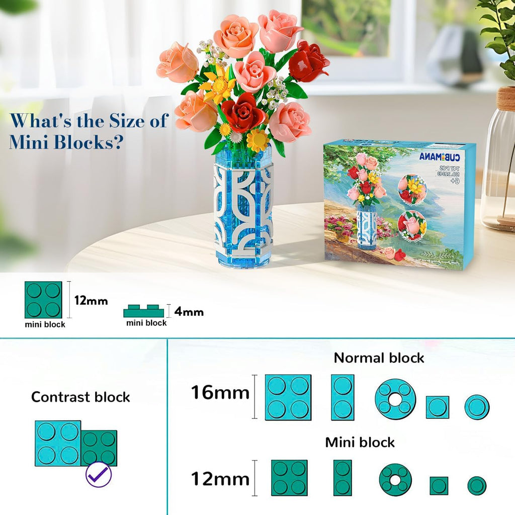 14 Flowers Bouquet Building Set with Vase & LED Light for Adults