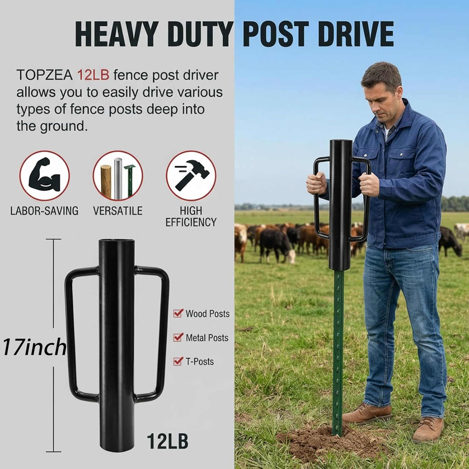 Fence Post Driver, 12LB Heavy Duty T Post Pounder with Ergonomic Handle, 2.7" Inner Dia Steel Posts Hole Diggers Hand
