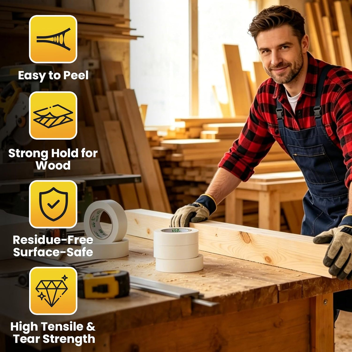 Double Sided Woodworking Tape 1IN x 648 Ft (6 Pack) Residue-Free