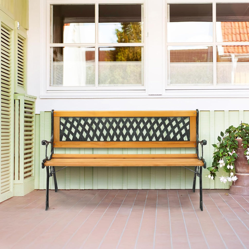 Outdoor Bench, Weather Resistant Cast Iron Frame＆Teak Wood Seat w/PVC Backrest, 3-Person 470lbs Capacity Garden Bench